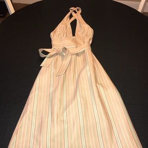 Striped A-line Dress - pink, tan and blue.
